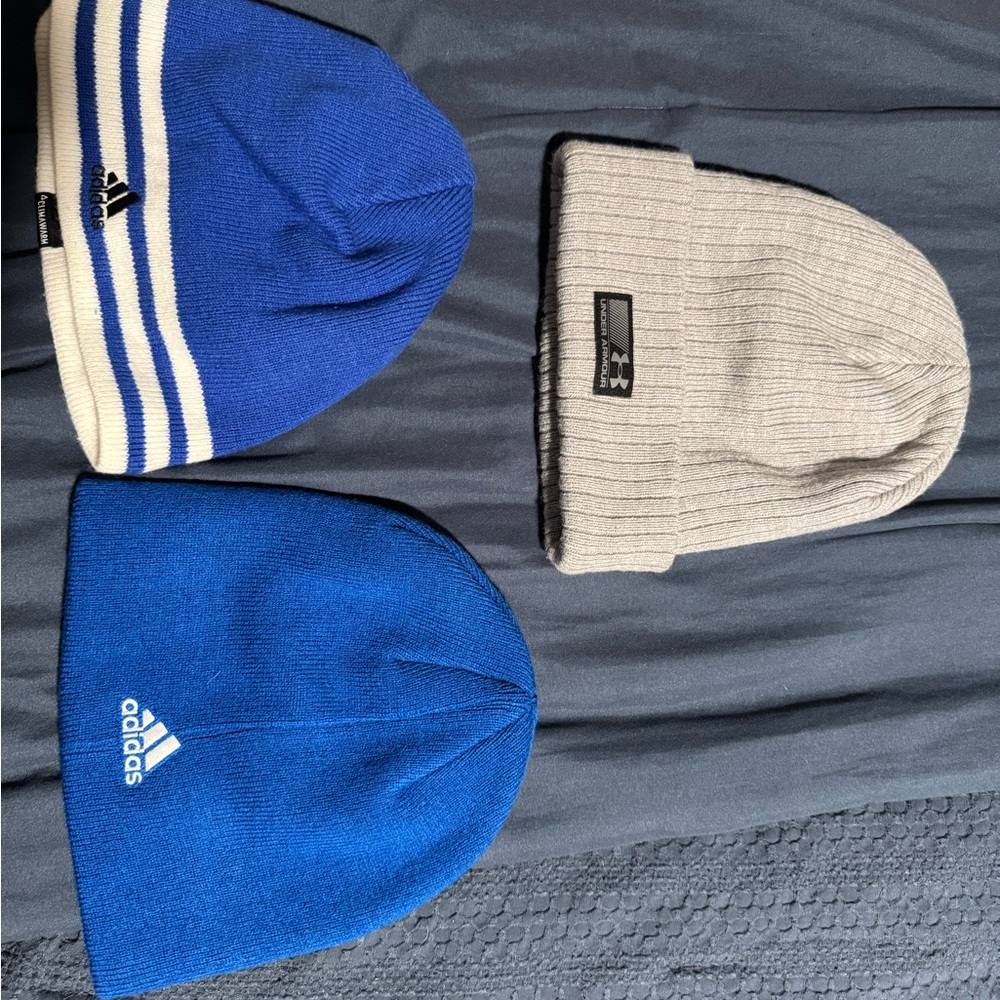 Adidas Blue and Under Armor Gray Beanie Trio